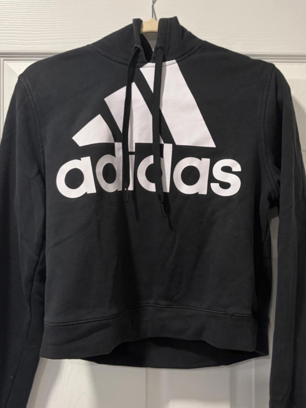 adidas Black Cropped Hoodie with White Logo